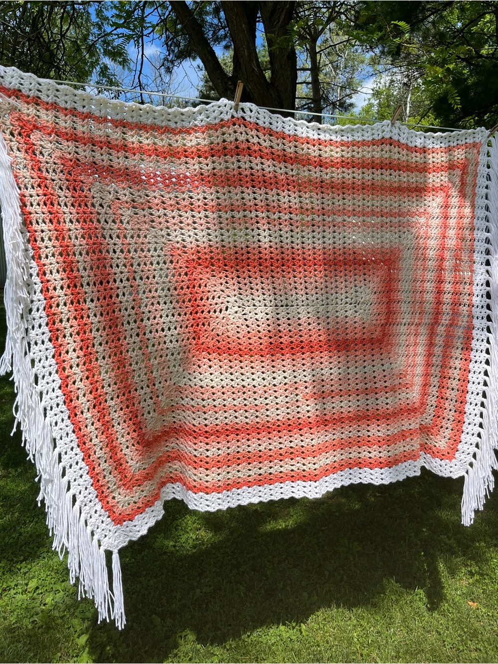 Handmade Crochet Fringe Blanket in White and Coral